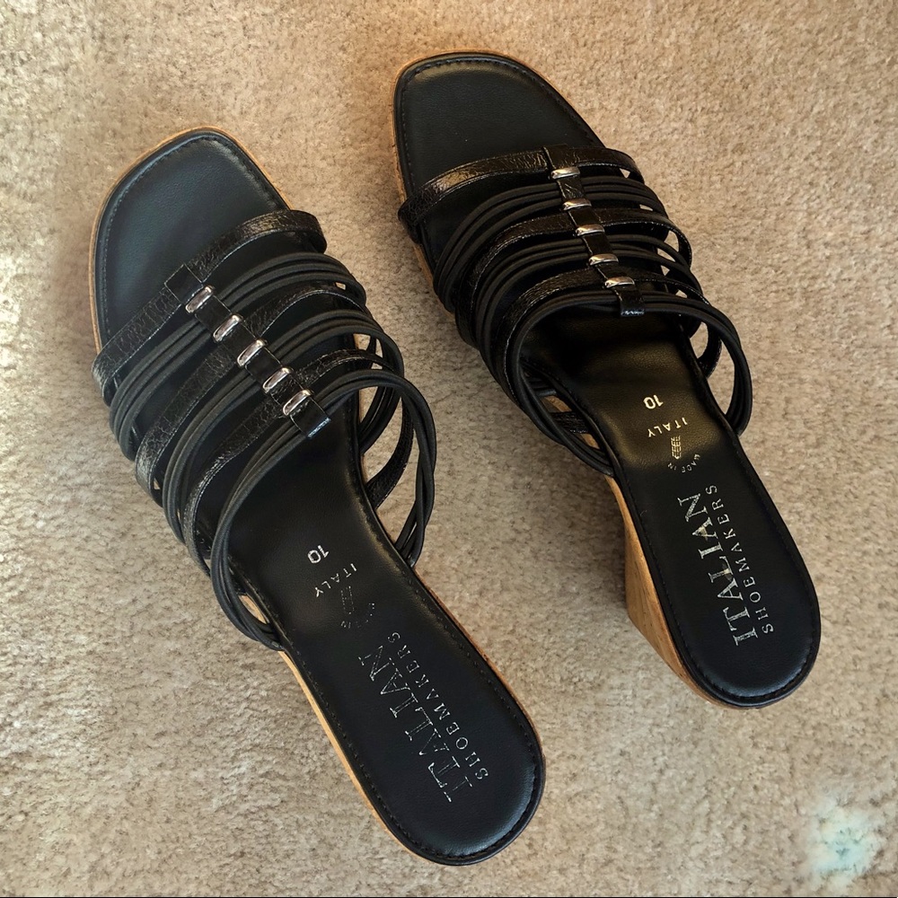 Italian shoemakers black strappy slip on wedge sandals